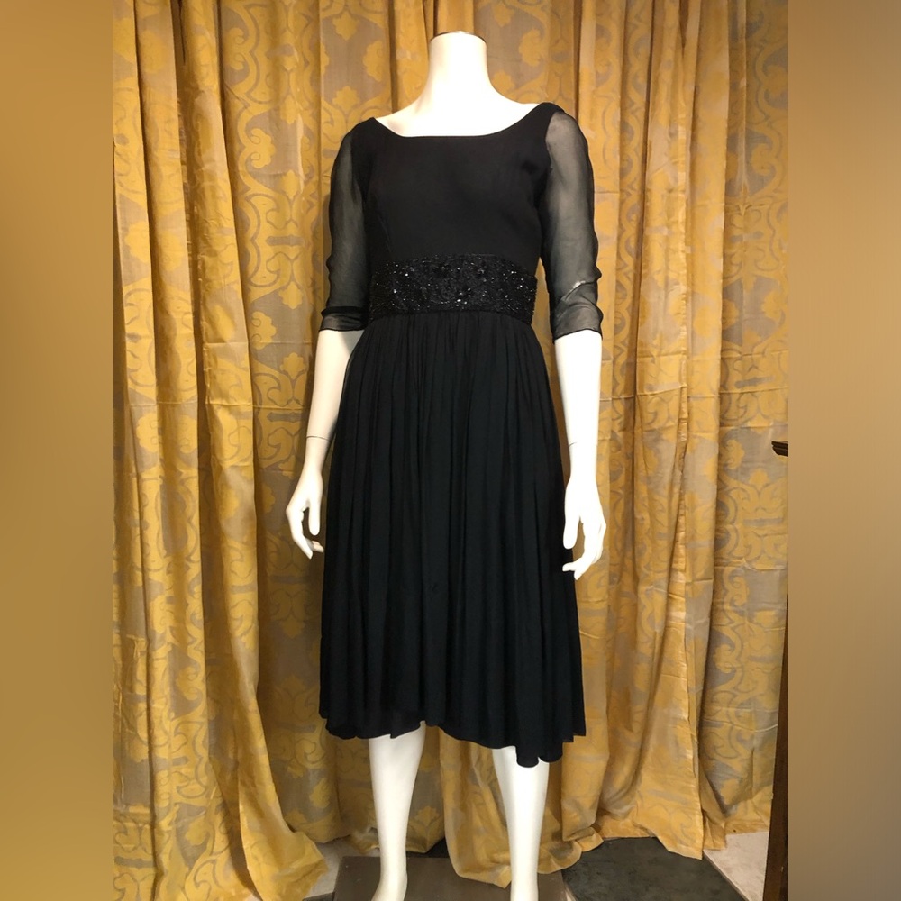 Elegant 1950’s Vintage Black Midi Dress with Sheer Sleeves and Sequin Waistband